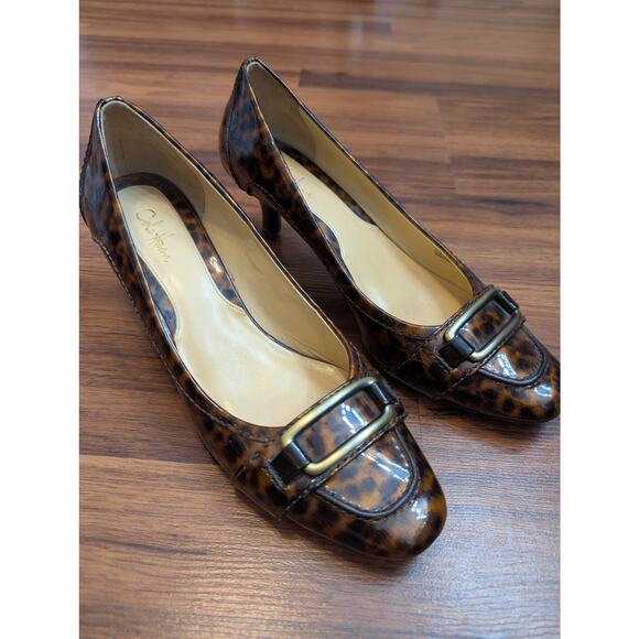 Cole Haan Patent Leather Kitten Heel Pumps- Size 8.5 B Leopard Print Gold Buckle - Picture 1 of 8
